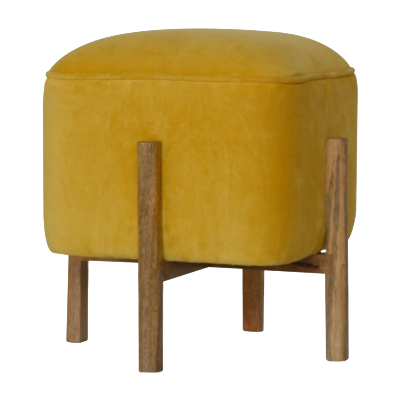 Solid Wood Mustard Velvet Footstool with Solid Wood Legs