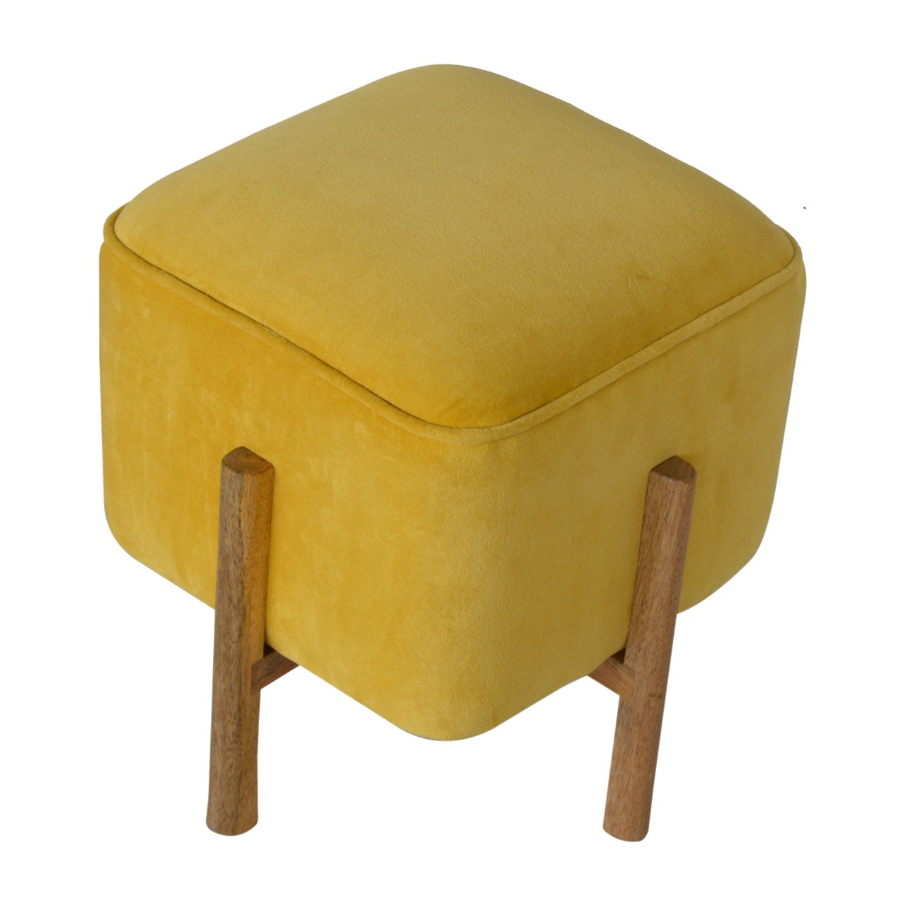 Solid Wood Mustard Velvet Footstool with Solid Wood Legs