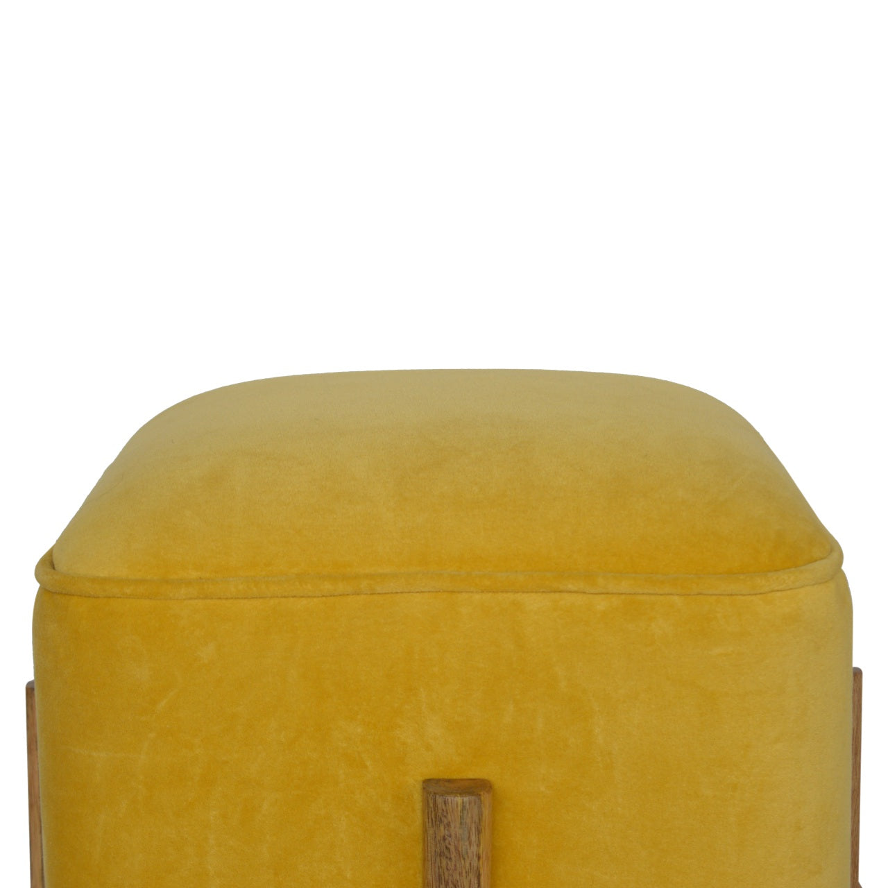 Solid Wood Mustard Velvet Footstool with Solid Wood Legs