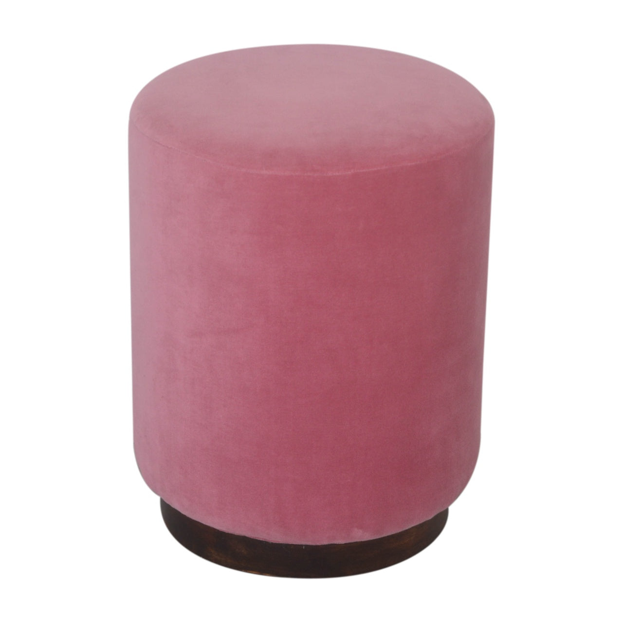 Solid Wood Pink Velvet Footstool with Wooden Base