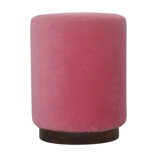 Solid Wood Pink Velvet Footstool with Wooden Base