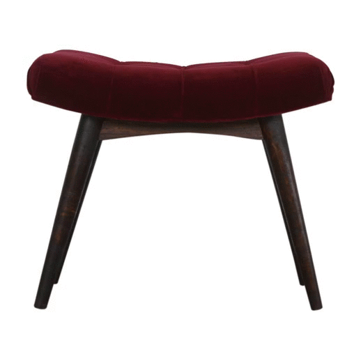 Solid Wood Wine Red Cotton Velvet Curved Bench