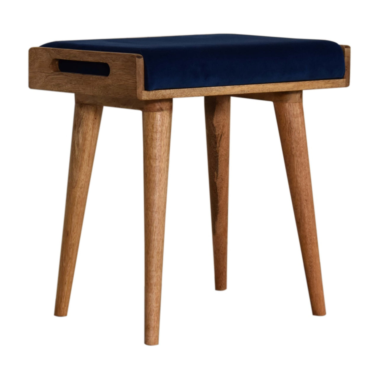Solid Wood Royal Blue Velvet Tray Style Footstool