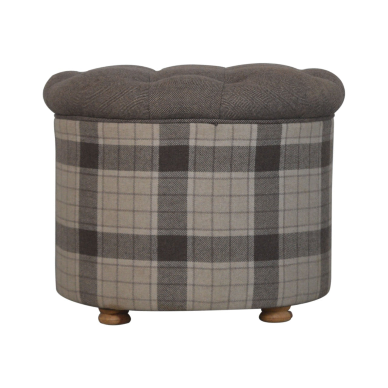 Solid Wood Deep Button Round Checked Footstool