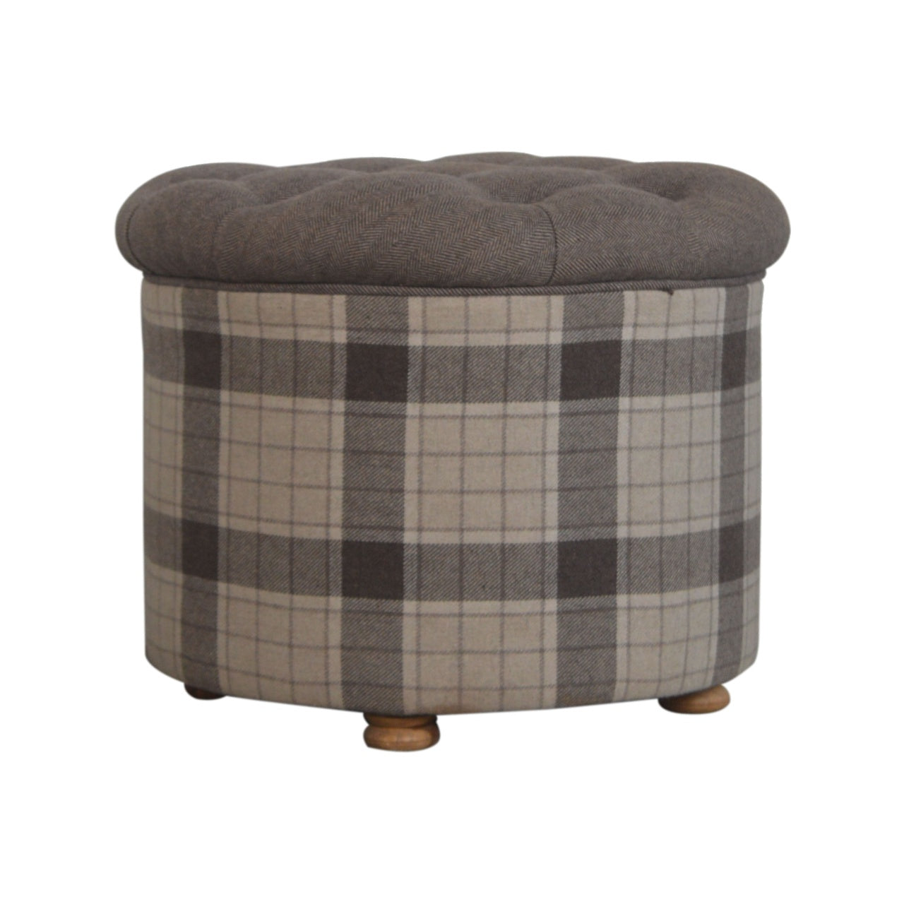Solid Wood Deep Button Round Checked Footstool