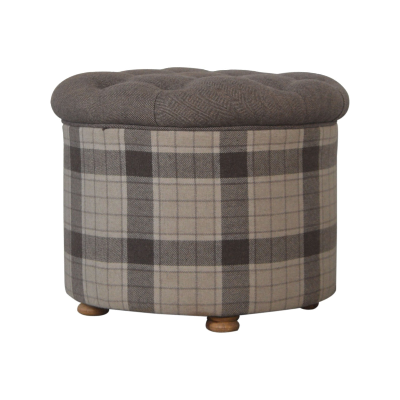 Solid Wood Deep Button Round Checked Footstool