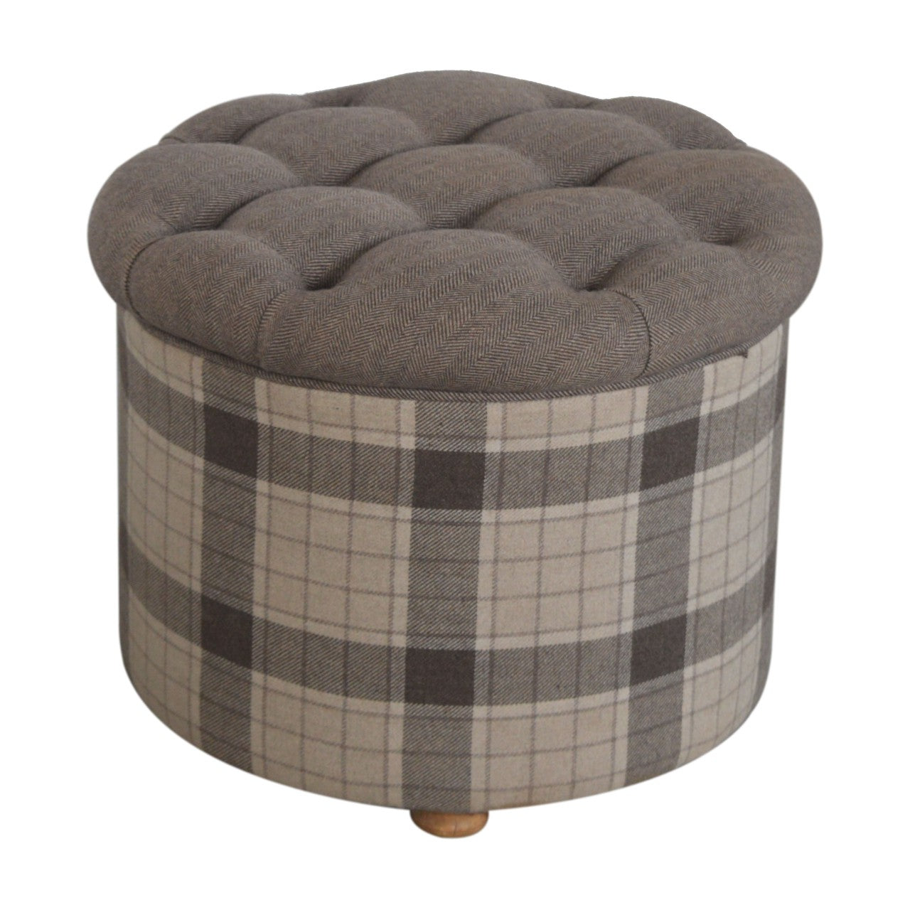 Solid Wood Deep Button Round Checked Footstool