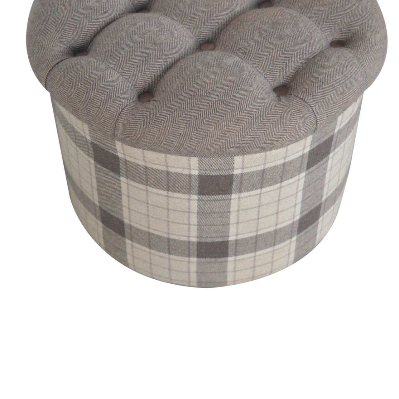Solid Wood Deep Button Round Checked Footstool