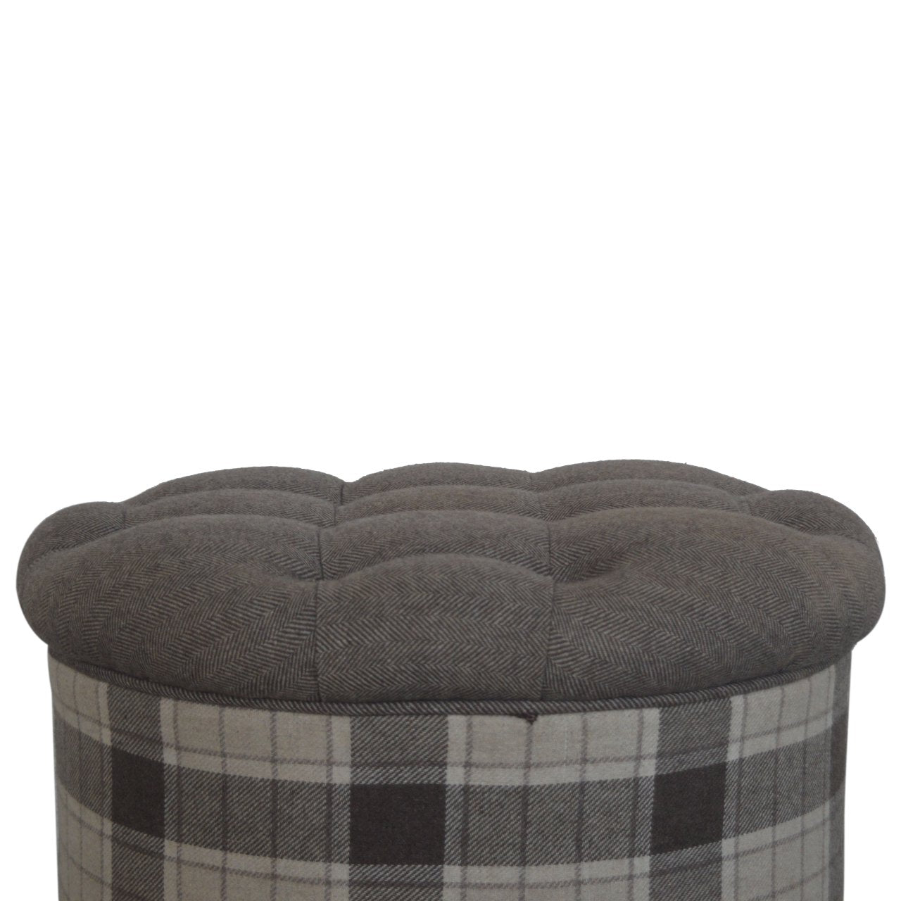 Solid Wood Deep Button Round Checked Footstool
