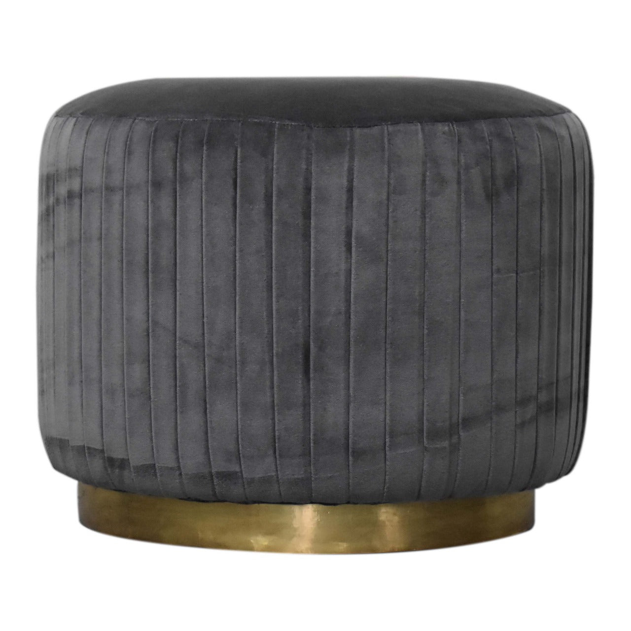 Solid Wood Grey Cotton Velvet Pleated Footstool with Gold Base