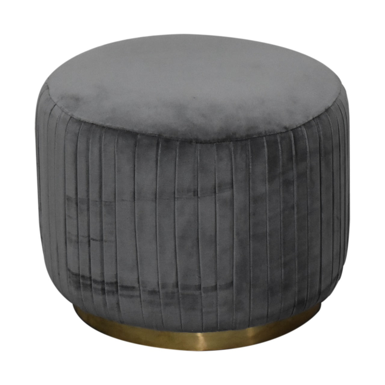 Solid Wood Grey Cotton Velvet Pleated Footstool with Gold Base