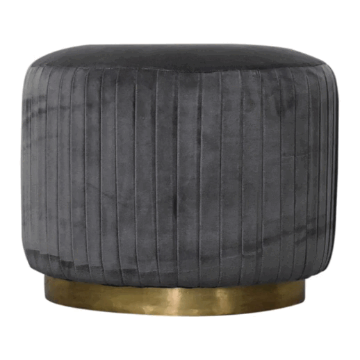 Solid Wood Grey Cotton Velvet Pleated Footstool with Gold Base