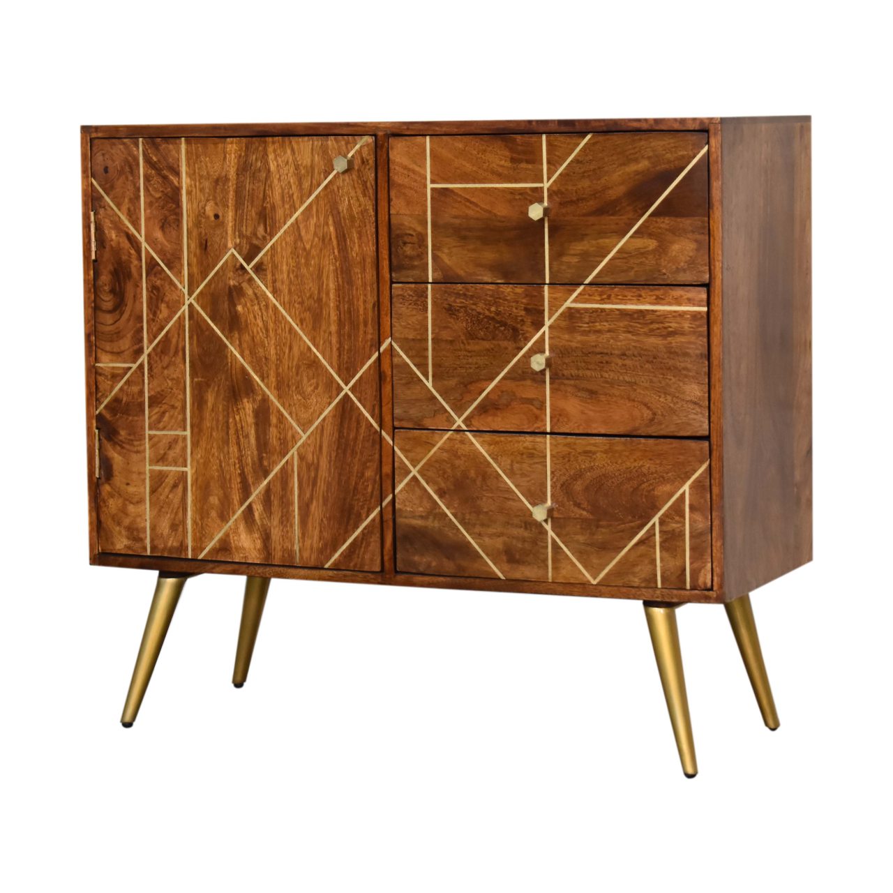 This chestnut gold inlay abstract sideboard is perfect for adding a touch of luxury to your bedroom. The solid wood construction and stylish finish make it a great choice for anyone looking for a high quality piece of furniture, while the abstract design adds a touch of glamour that will really stand out. And with plenty of storage space on offer, this sideboard is ideal for keeping your bedroom organized and tidy.