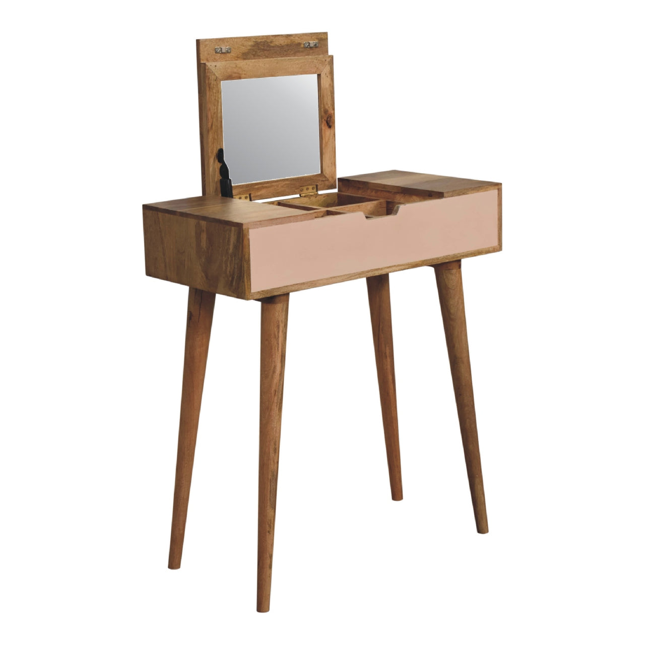 mini blush pink dressing table with foldable mirror