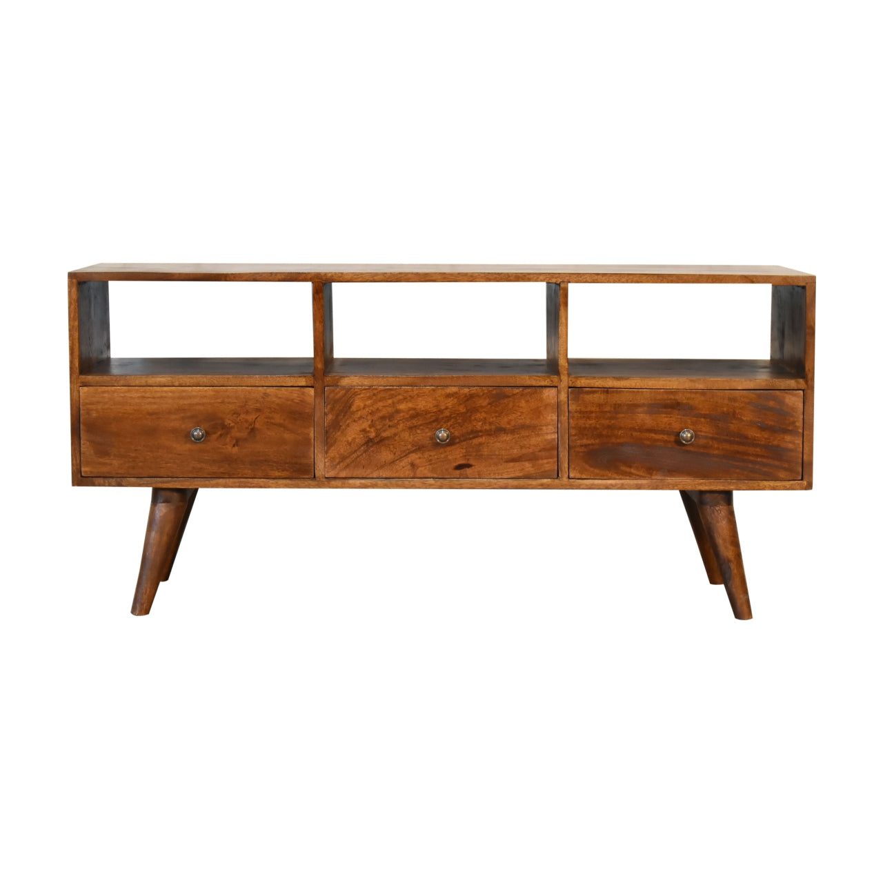 chestnut nordic style tv unit with 3 drawers