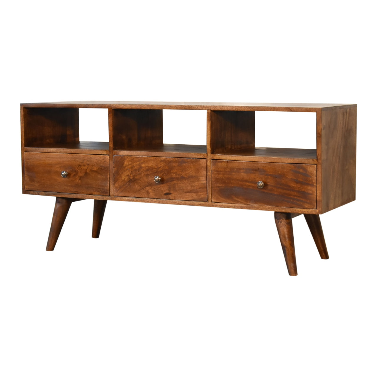 chestnut nordic style tv unit with 3 drawers