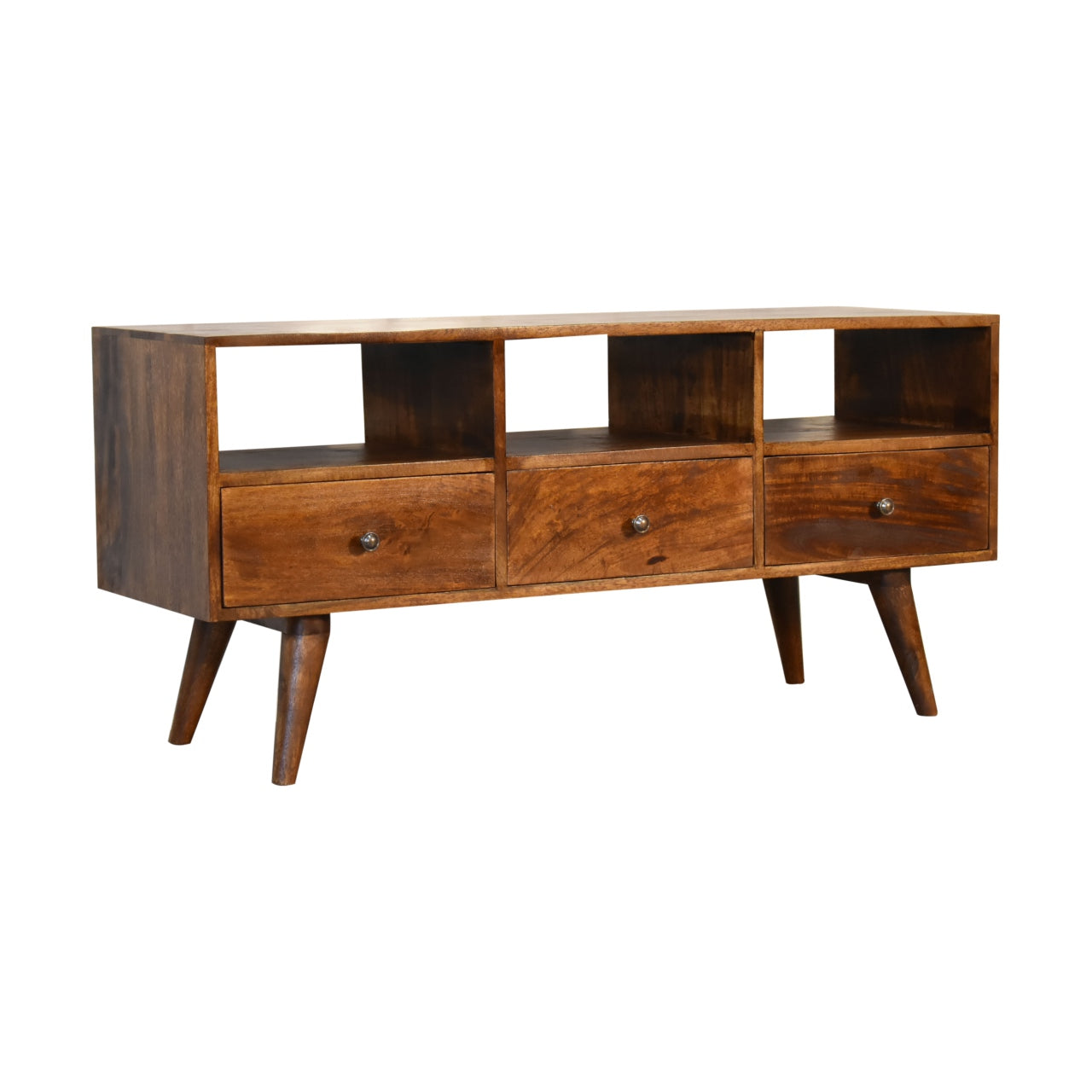chestnut nordic style tv unit with 3 drawers
