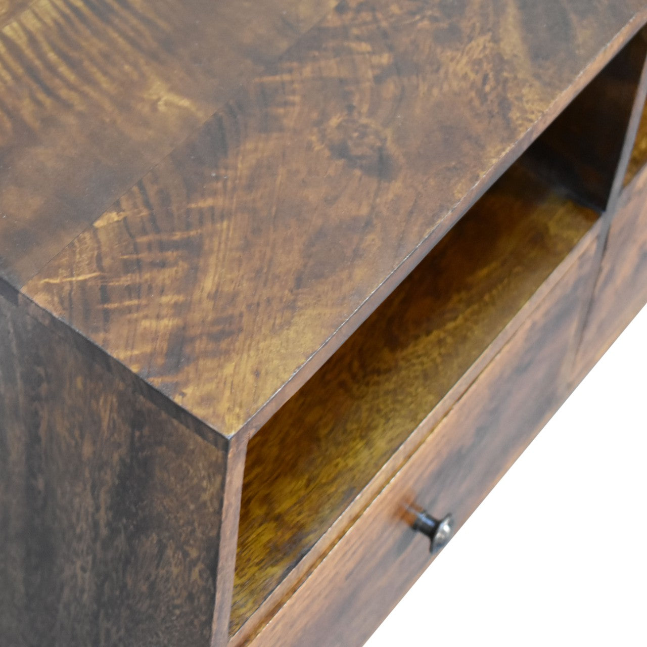 chestnut nordic style tv unit with 3 drawers