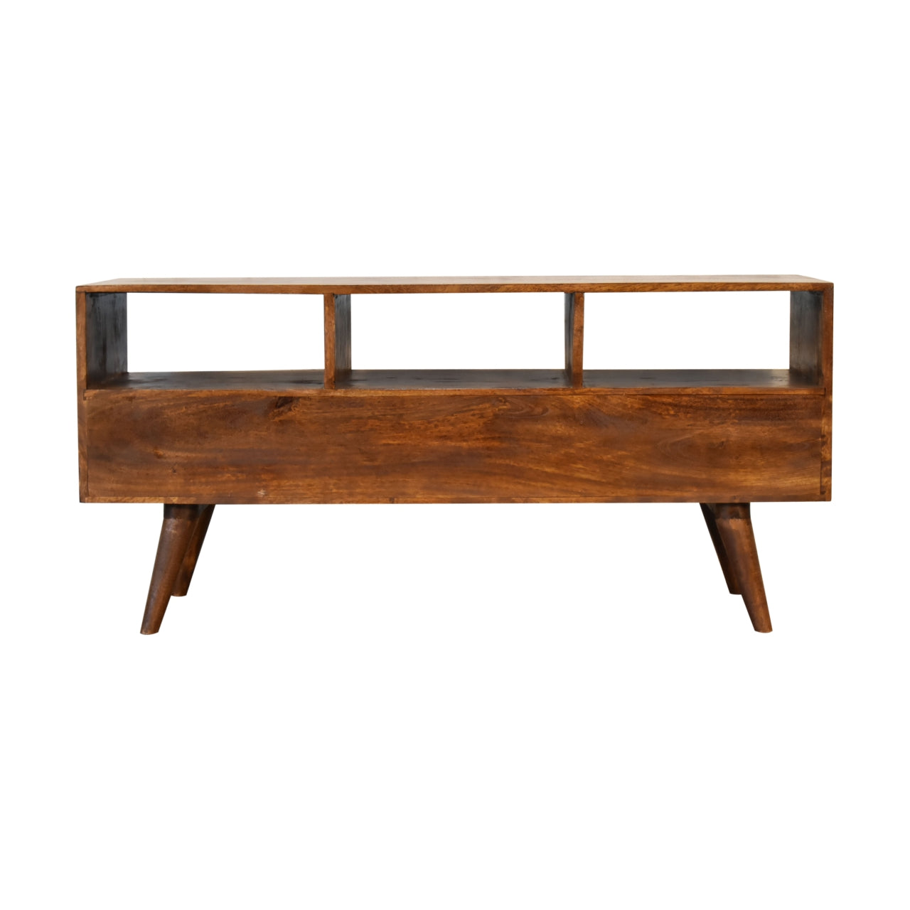 chestnut nordic style tv unit with 3 drawers