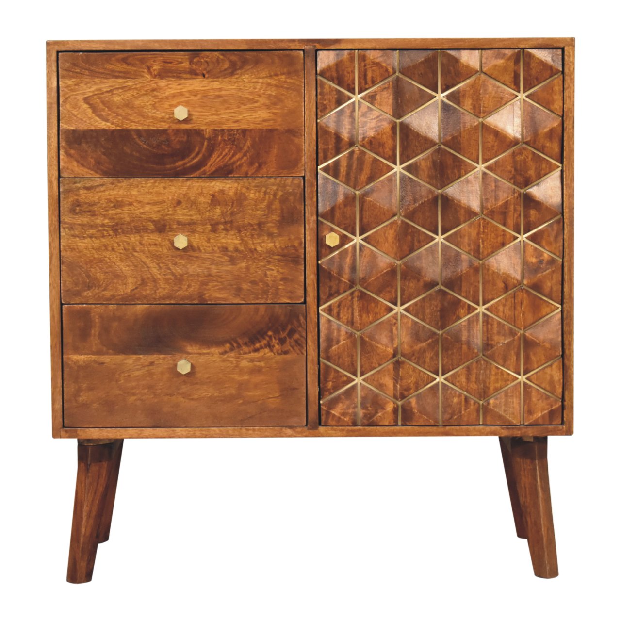 chestnut cubed brass inlay cabinet