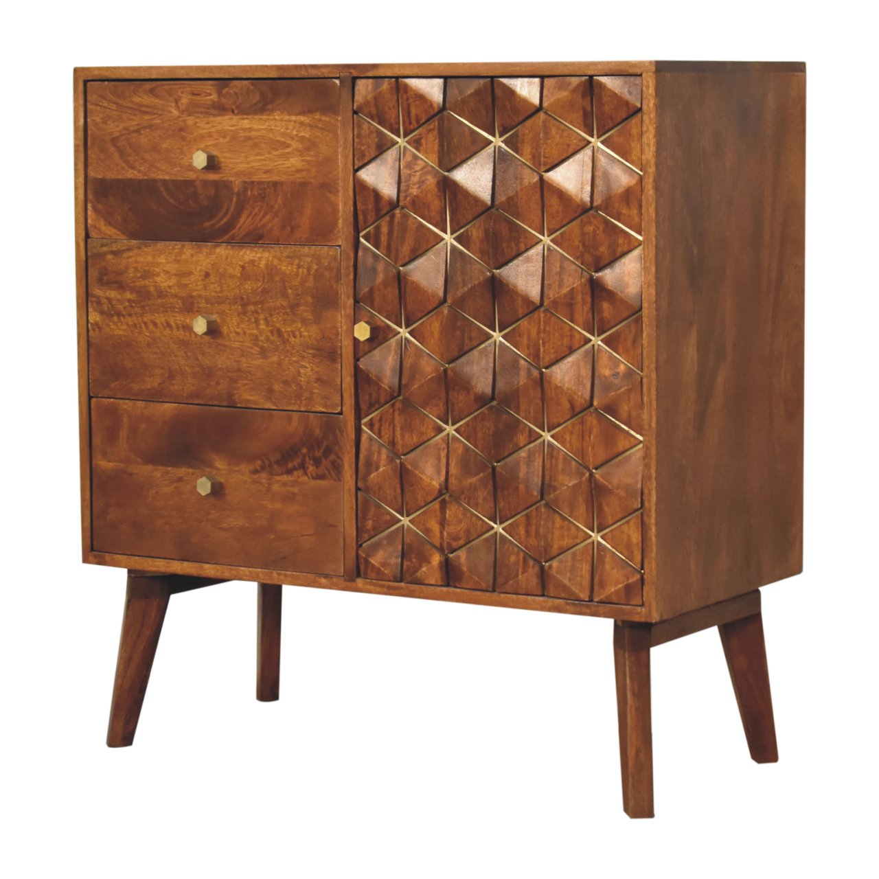 chestnut cubed brass inlay cabinet
