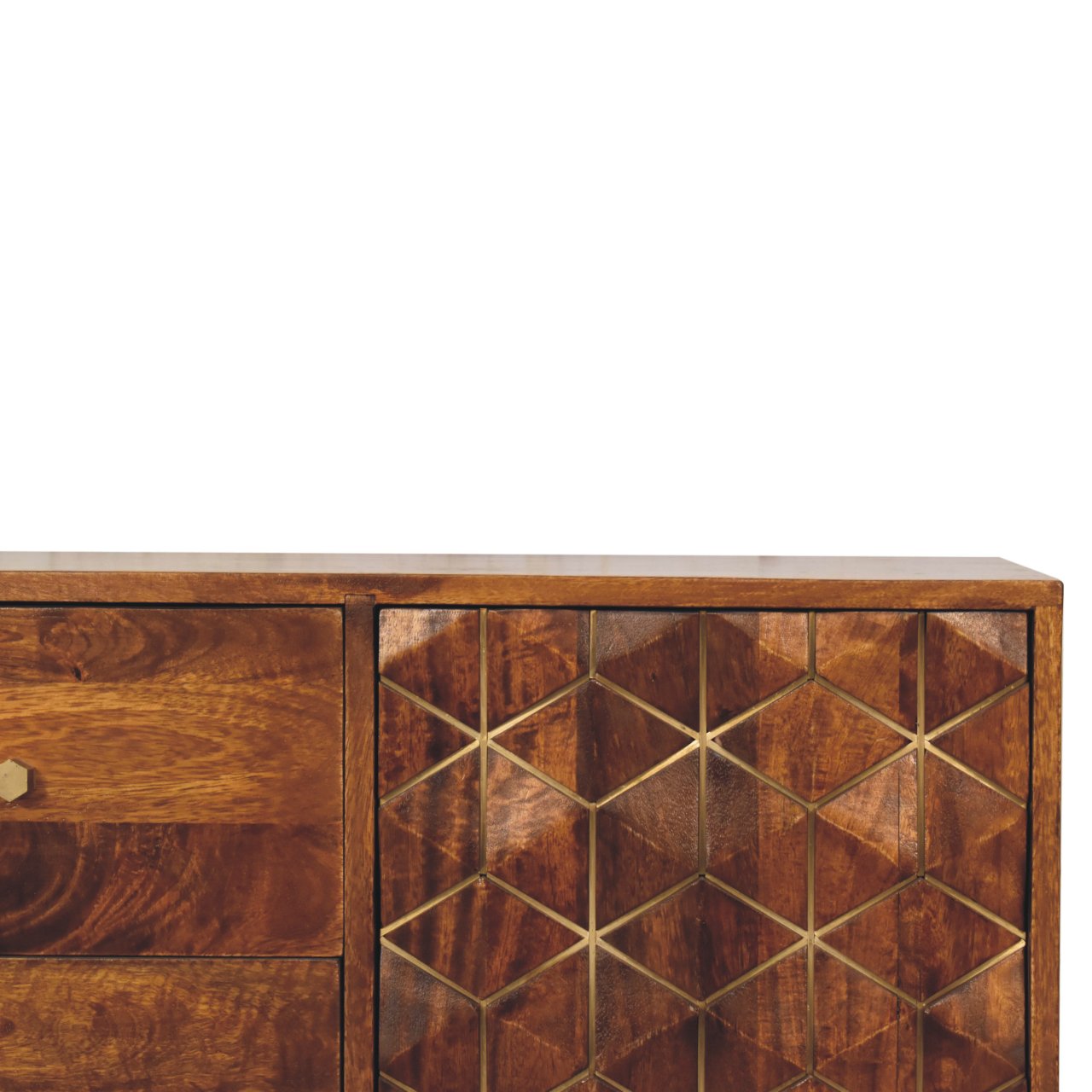 chestnut cubed brass inlay cabinet
