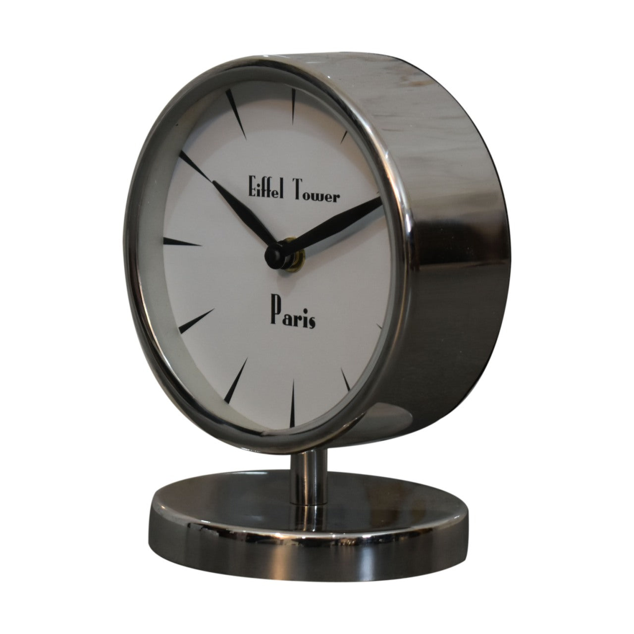 round chrome clock with white face