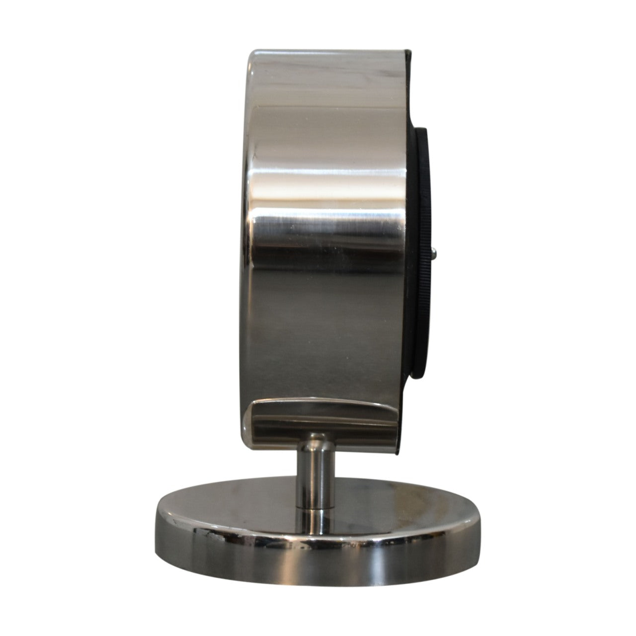round chrome clock with white face