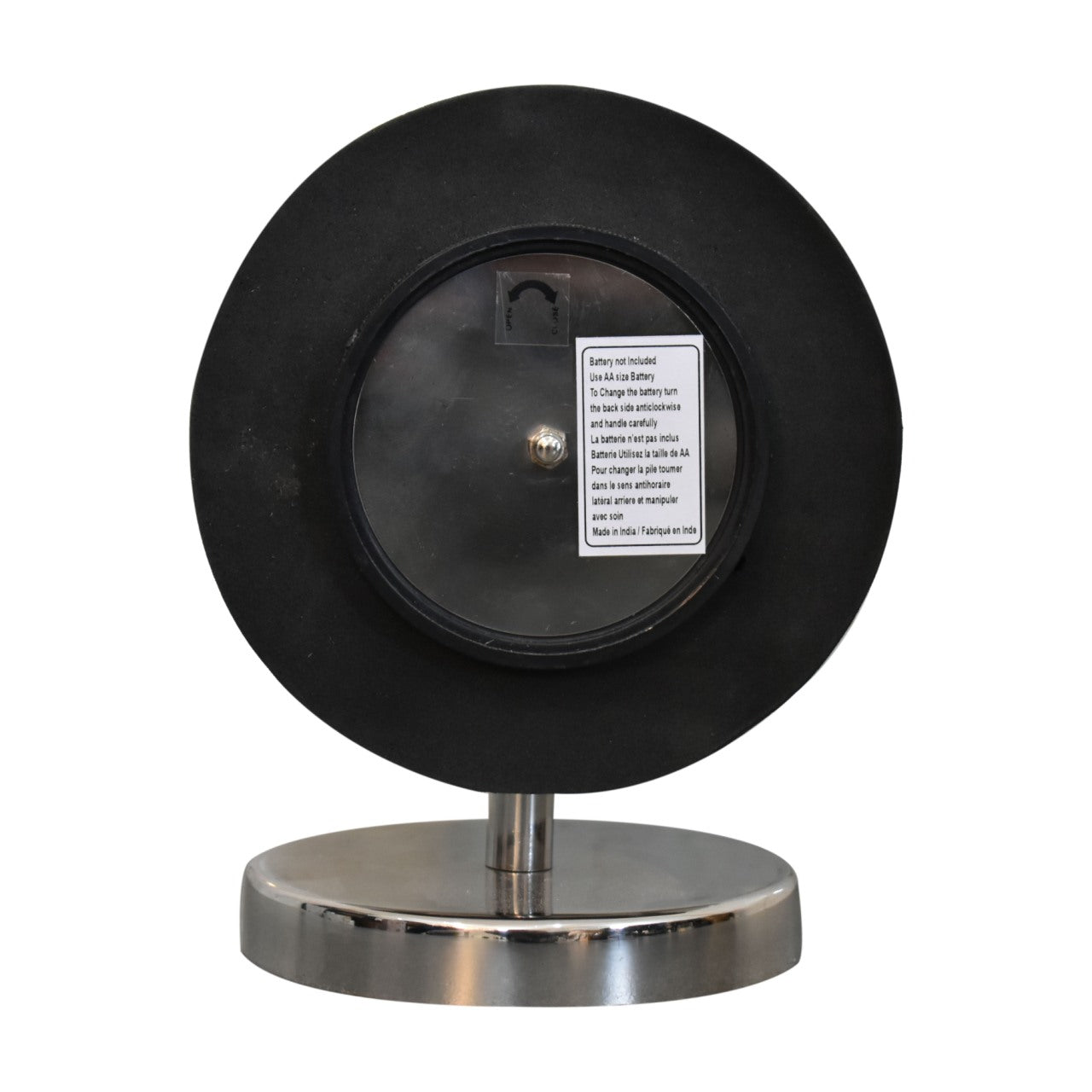 round chrome clock with white face