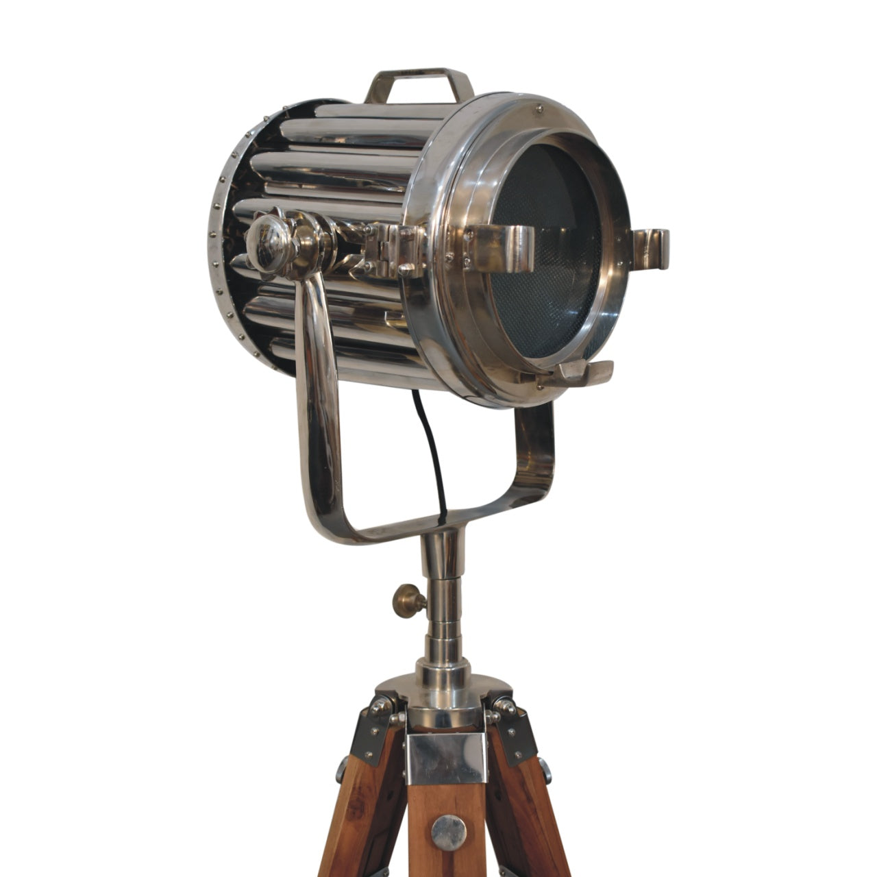 netted chrome tripod fold spotlight floor lamp