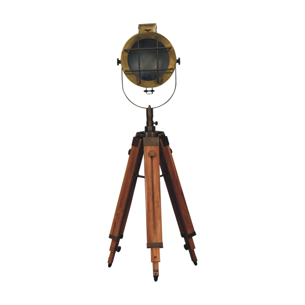 caged brass antique tripod fold spotlight floor lamp