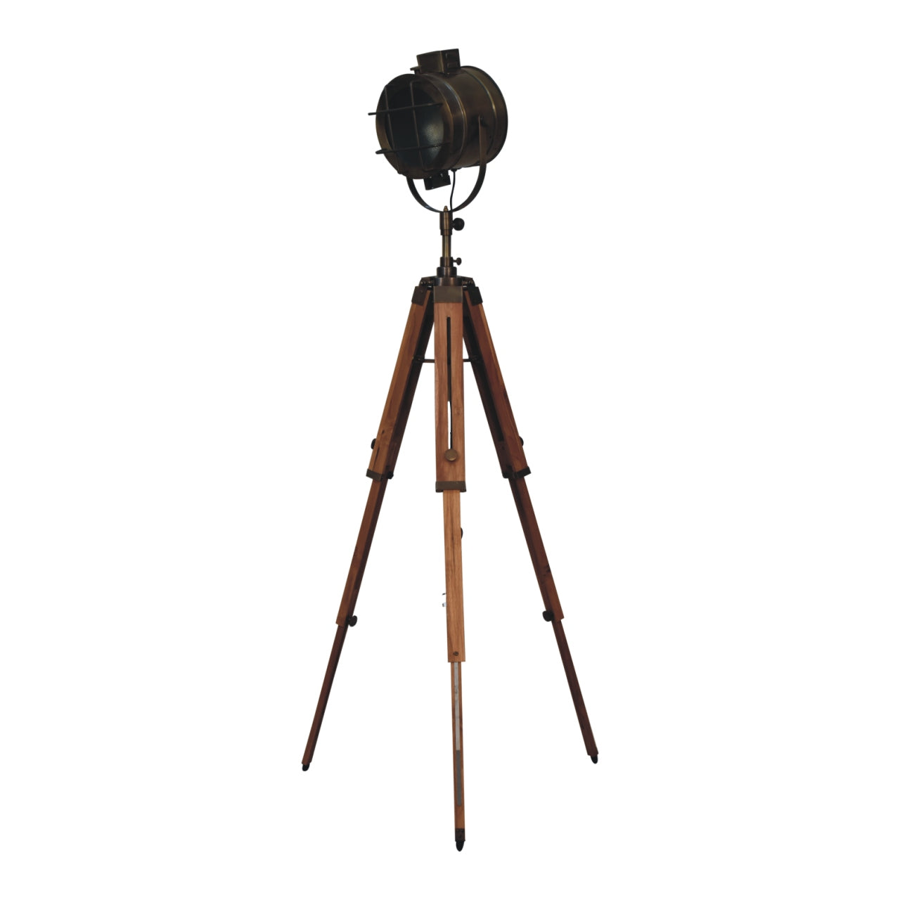 caged brass antique tripod fold spotlight floor lamp