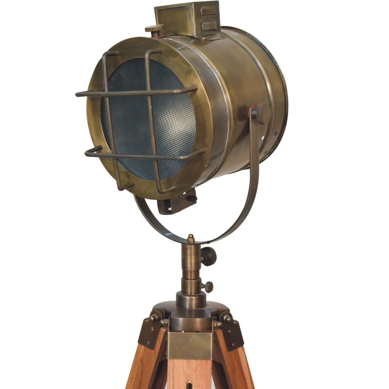caged brass antique tripod fold spotlight floor lamp