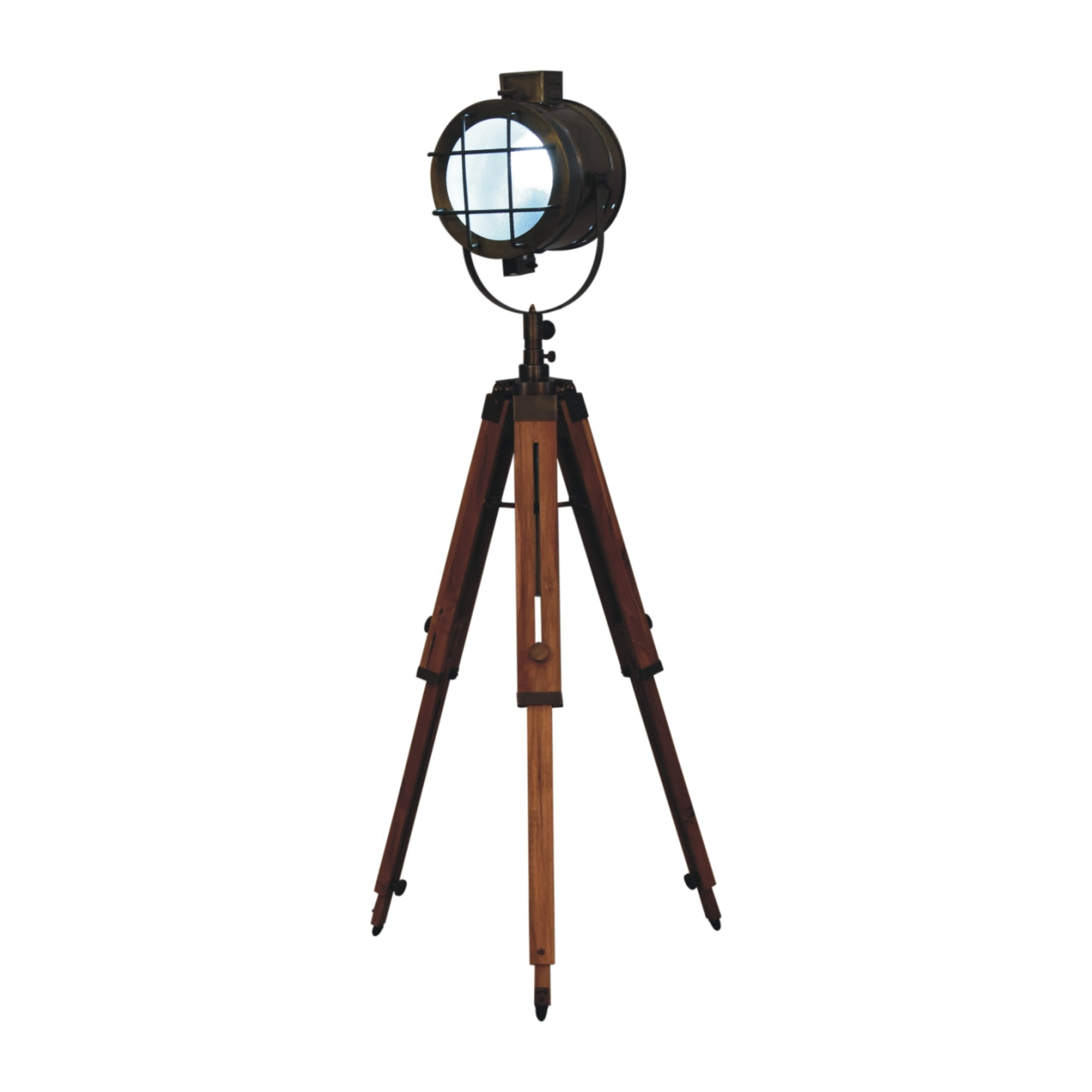 caged brass antique tripod fold spotlight floor lamp