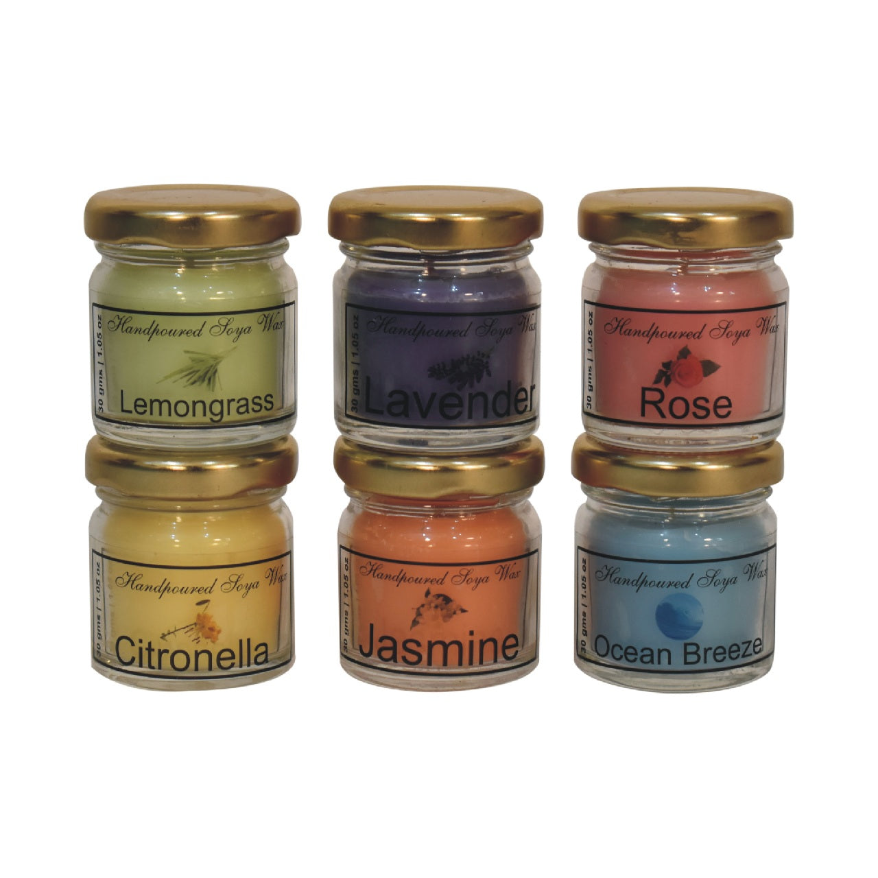 mini candle set of 6 lemongrass lavender rose citronella jasmine and ocean breeze