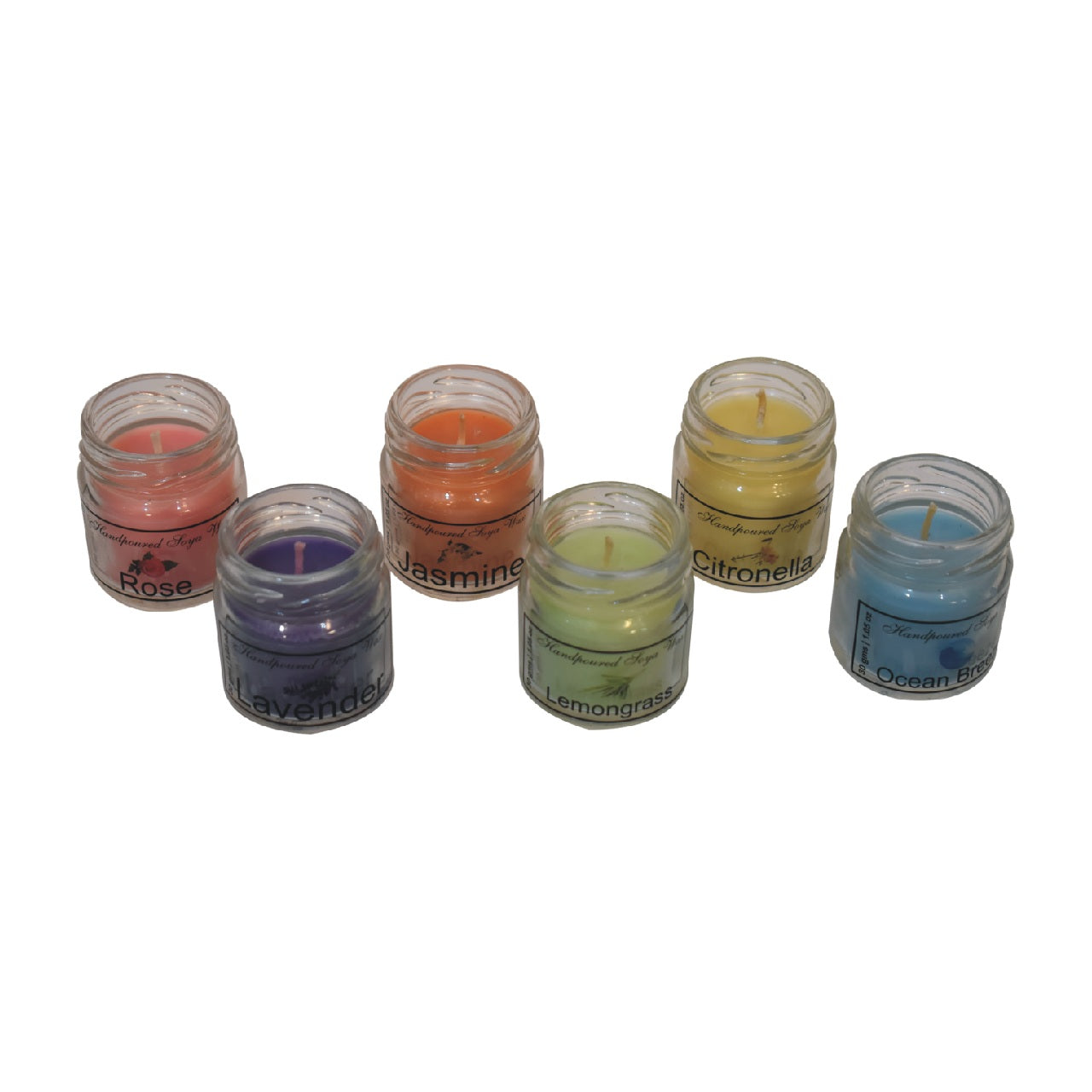 mini candle set of 6 lemongrass lavender rose citronella jasmine and ocean breeze