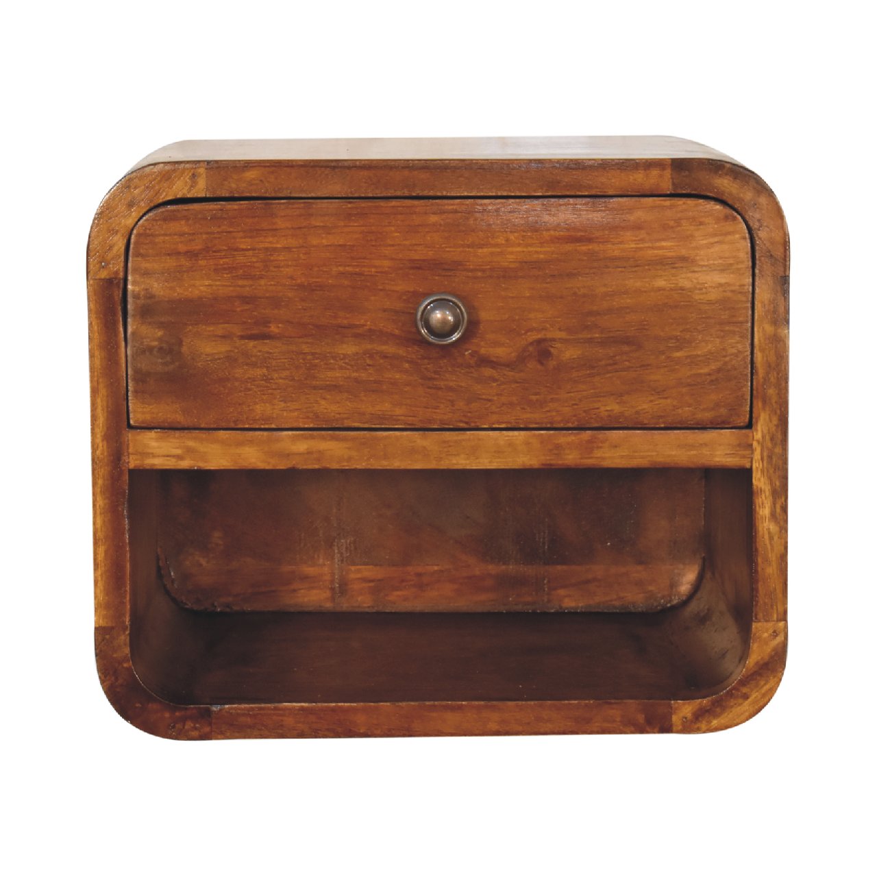 mini curved chestnut wall mounted bedside with open slot