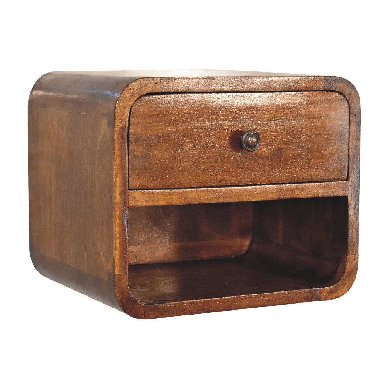 mini curved chestnut wall mounted bedside with open slot
