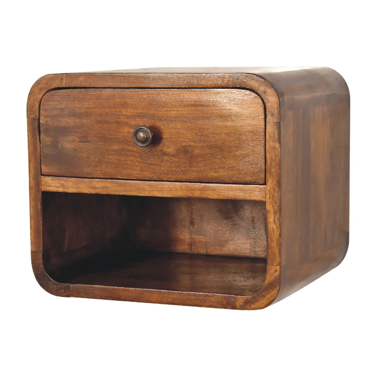 mini curved chestnut wall mounted bedside with open slot