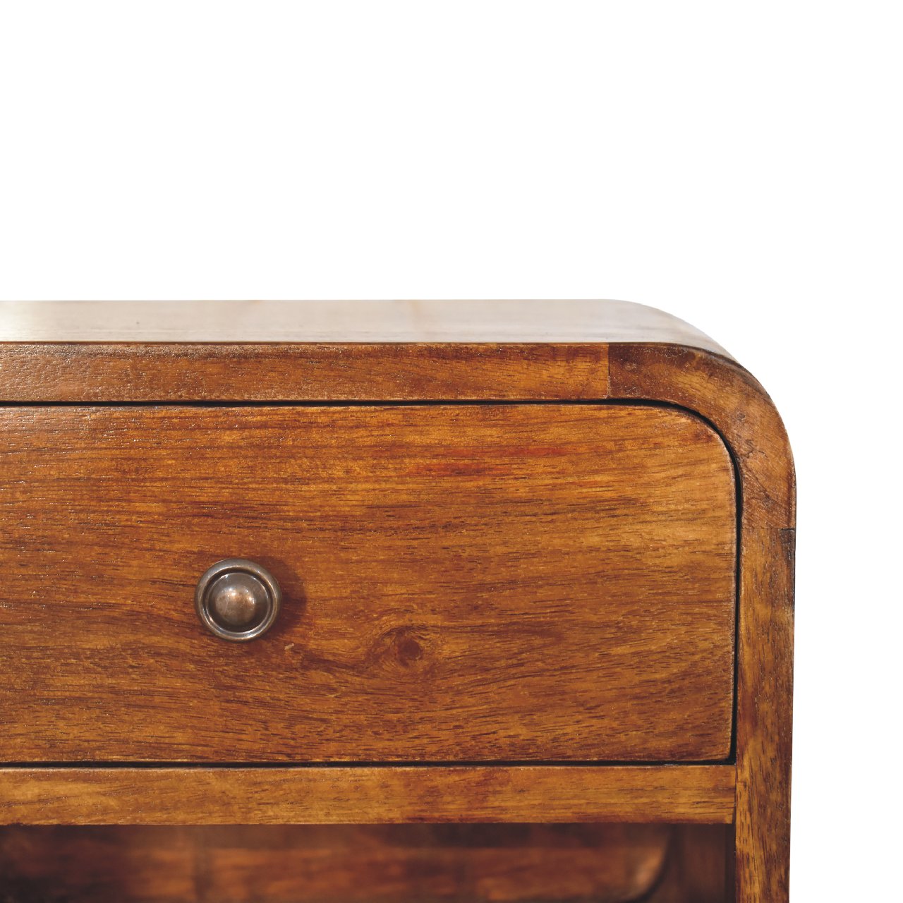 mini curved chestnut wall mounted bedside with open slot