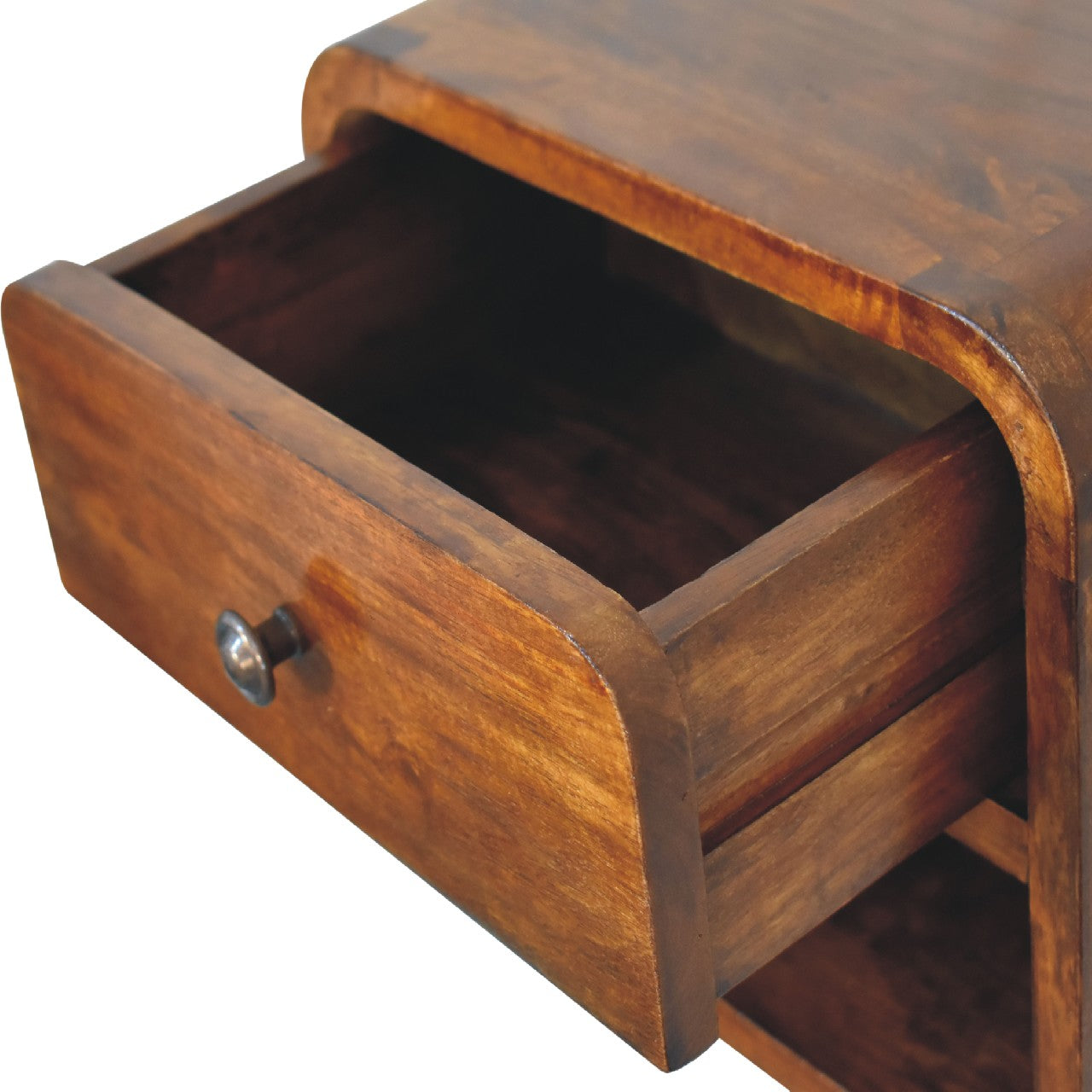 mini curved chestnut wall mounted bedside with open slot