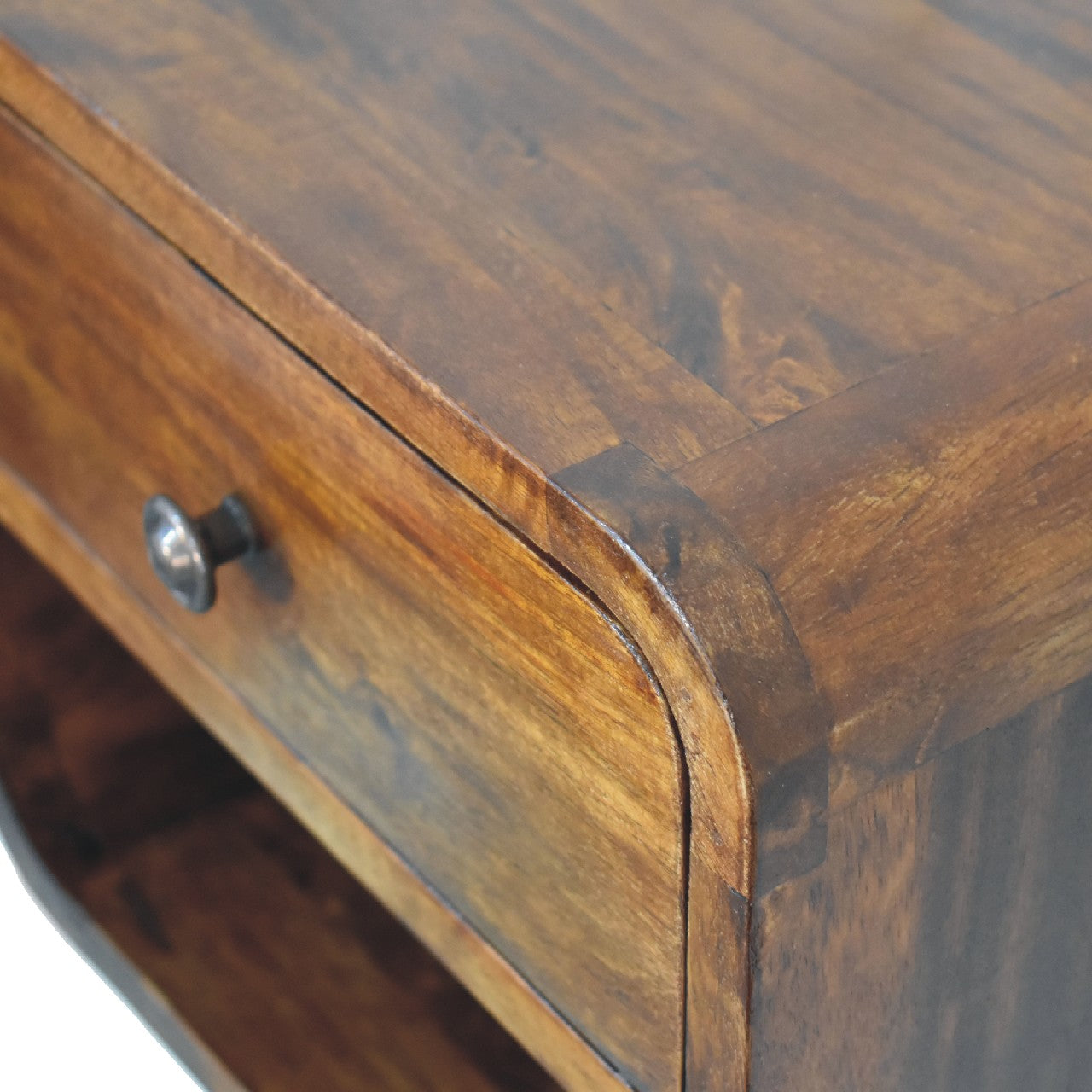 mini curved chestnut wall mounted bedside with open slot