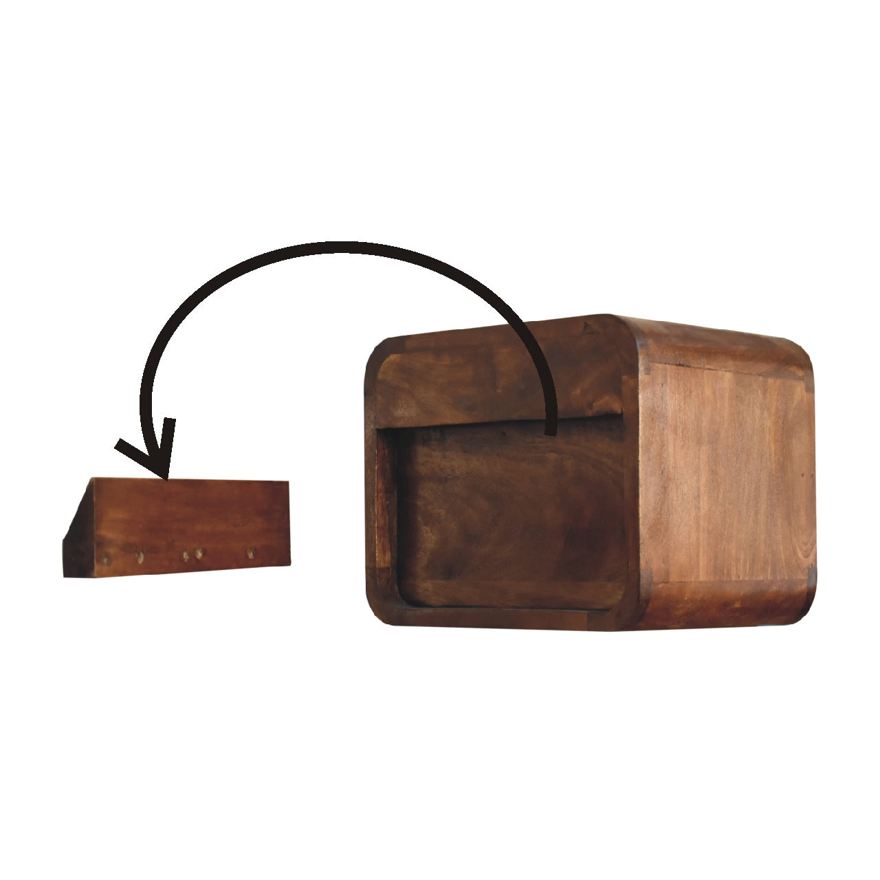 mini curved chestnut wall mounted bedside with open slot