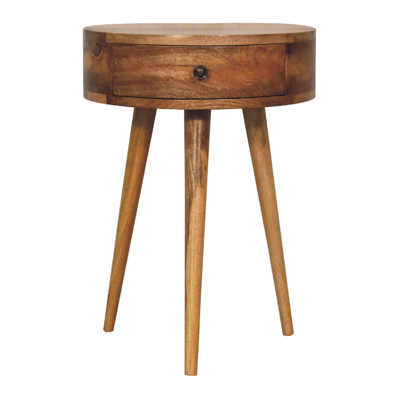 nordic oak ish circular shaped bedside