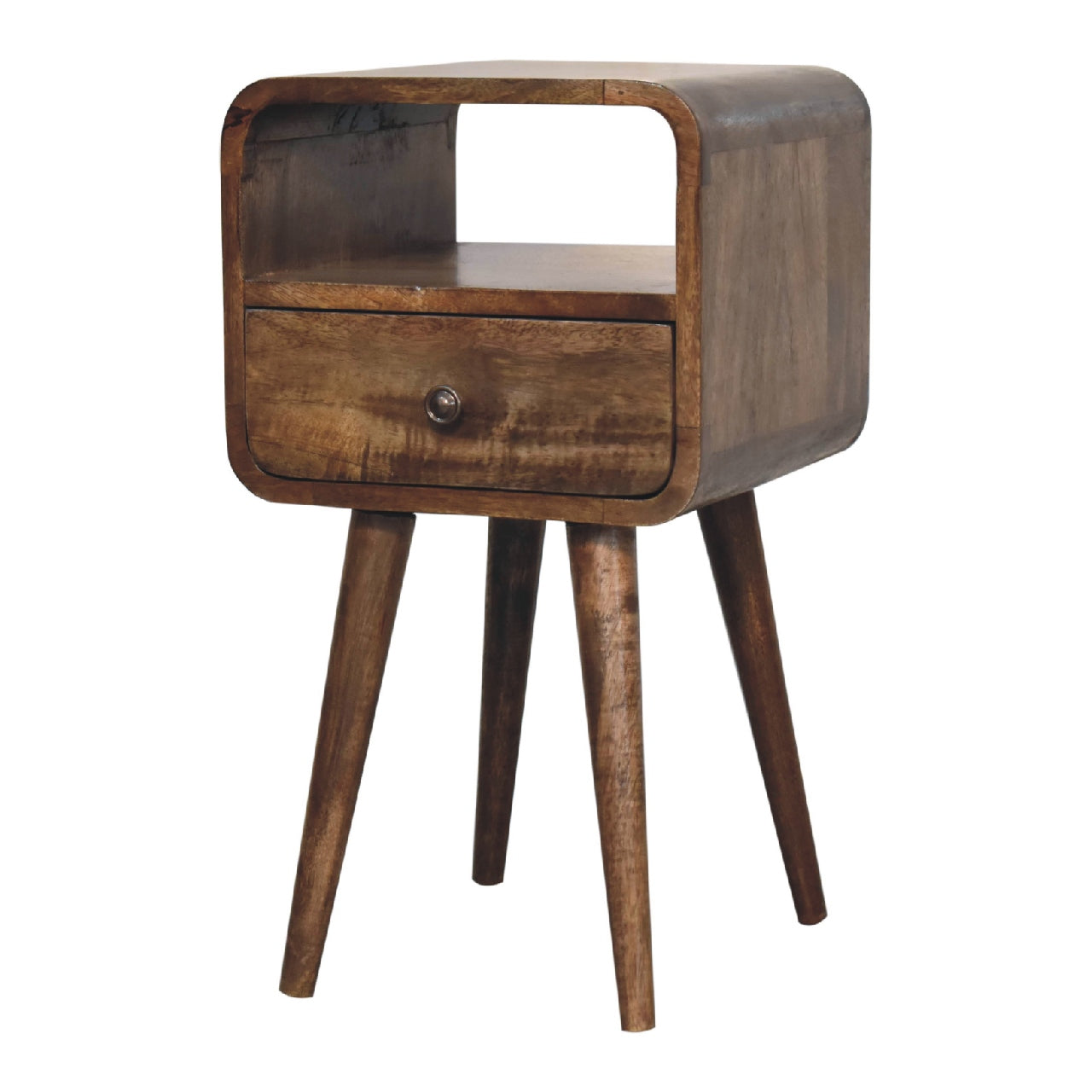 mini curved grey washed bedside with open slot