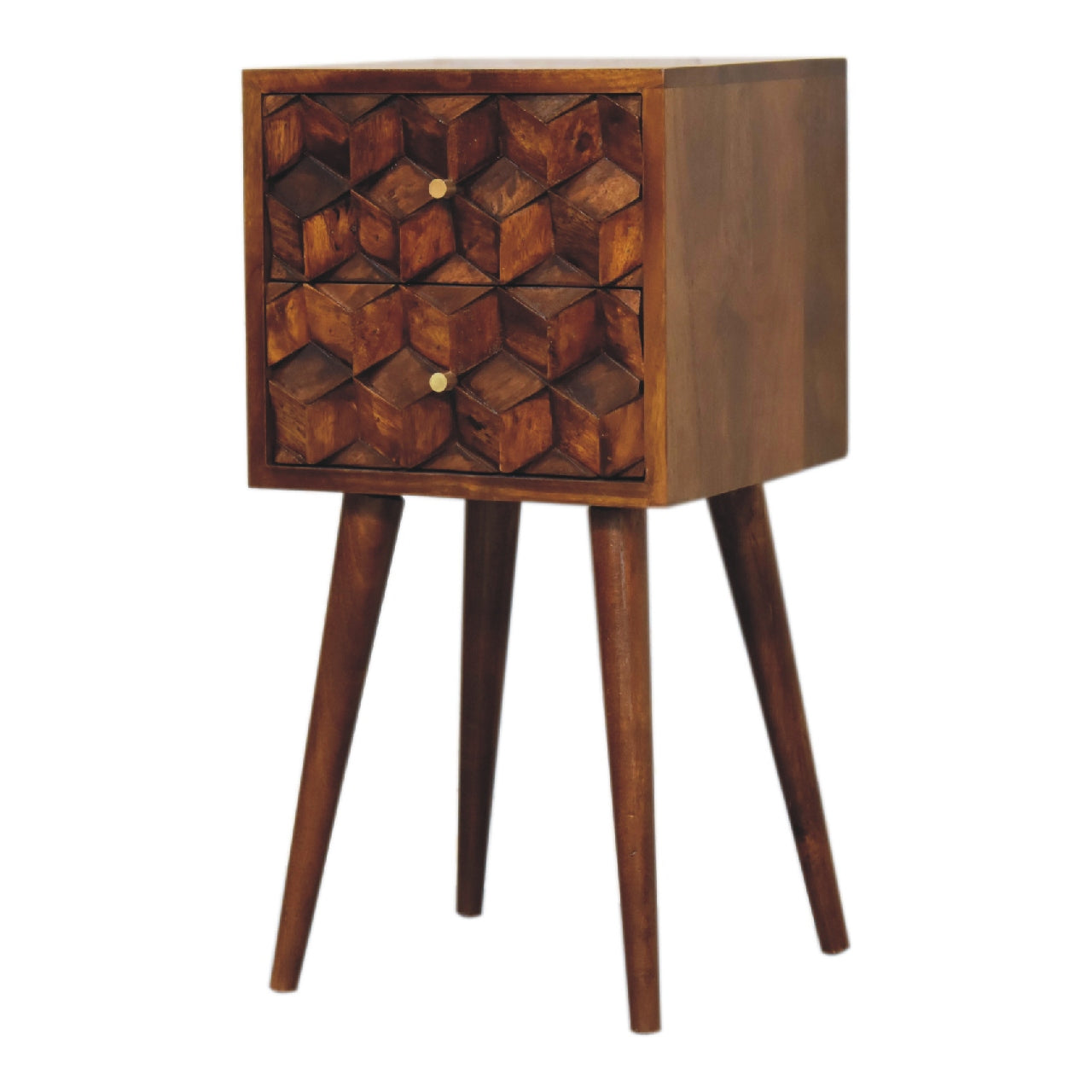 mini chestnut cube carved 2 drawer bedside
