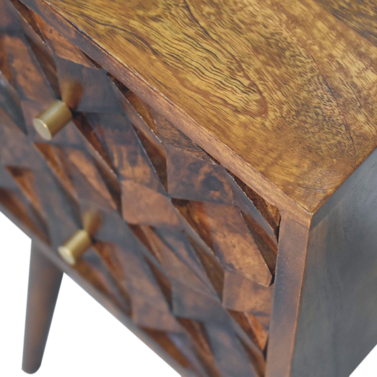 mini chestnut cube carved 2 drawer bedside