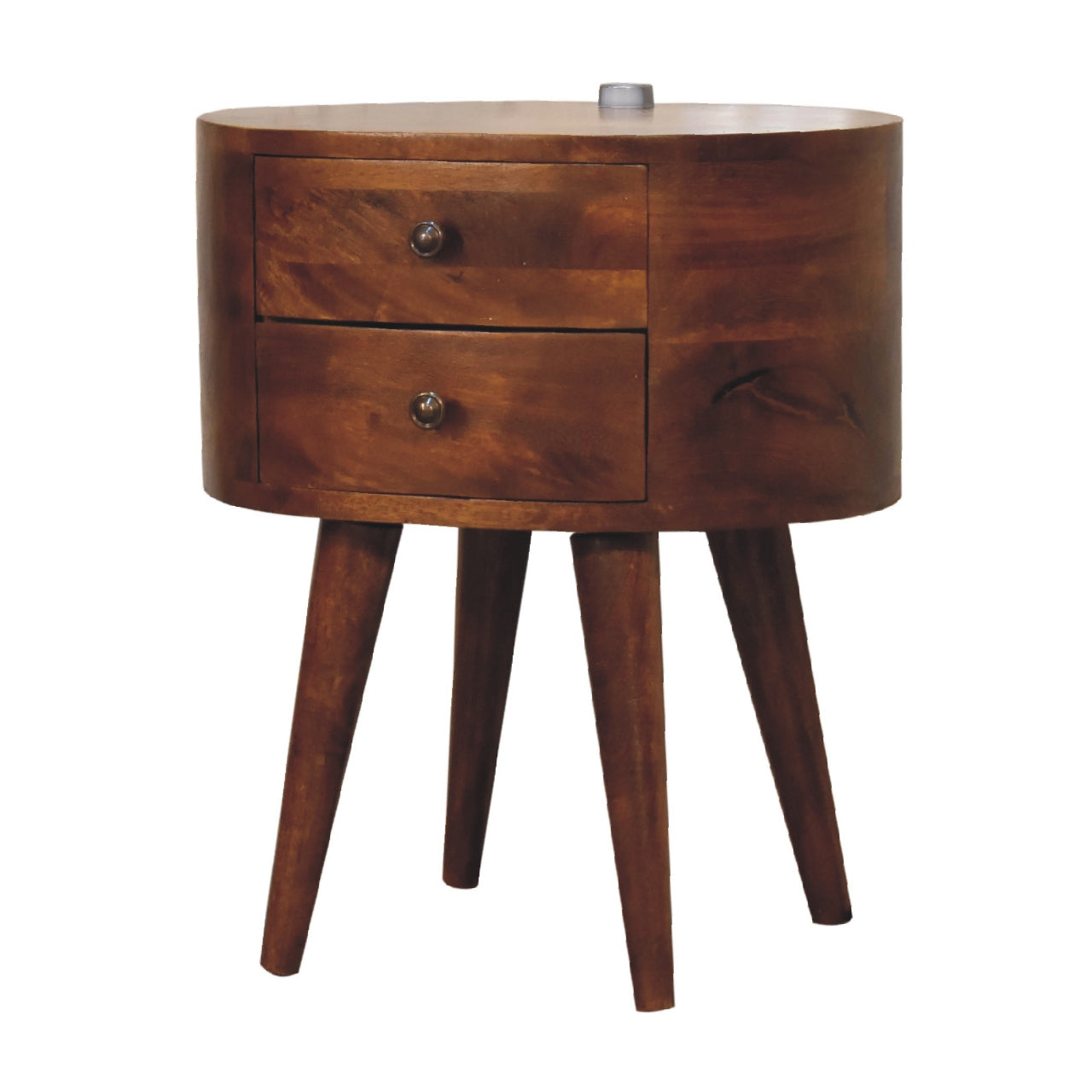 chestnut rounded bedside table with reading light