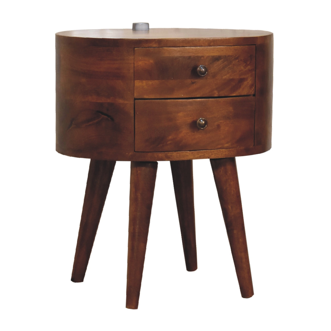 chestnut rounded bedside table with reading light