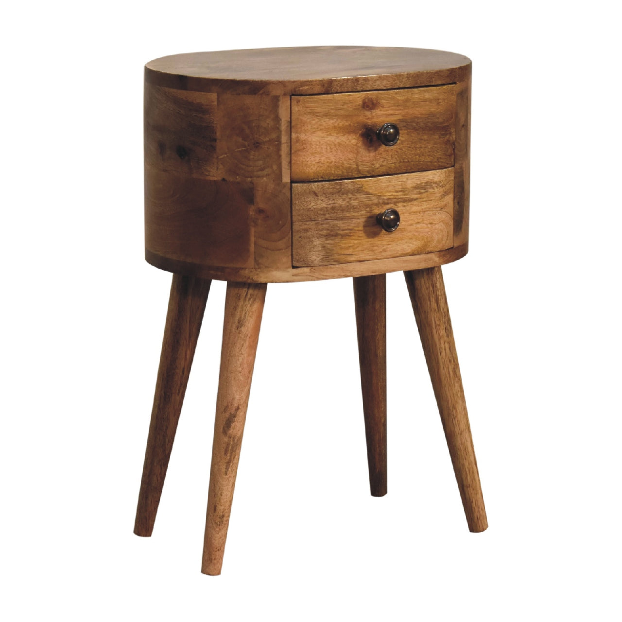 mini oak ish rounded bedside table